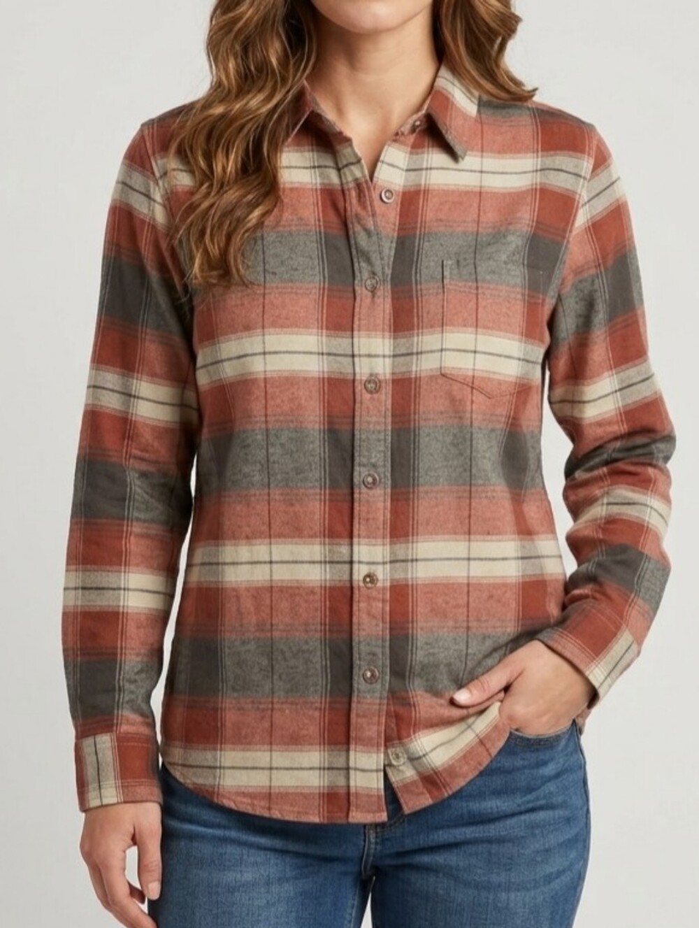 Weatherproof Vintage Woman's L Comfort Stretch Flannel Shirt Brown/Gray NWT